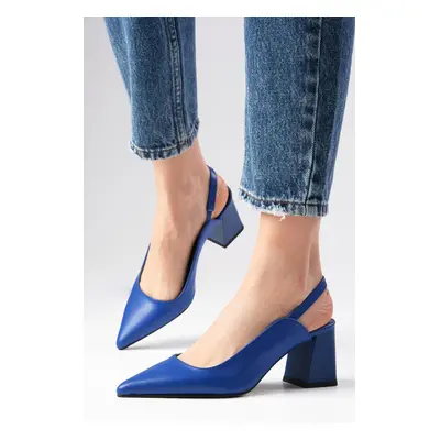 Mio Gusto Anette Saxe Blue Color Pointed Toe Open Back Thick Heeled Shoes