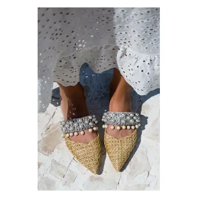 NİŞANTAŞI SHOES Fomax Beige Straw Pearl Detail Women's Heeled Slippers