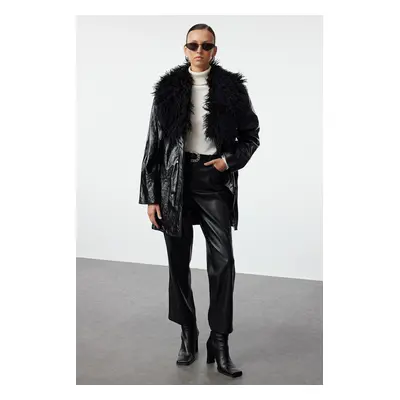 Trendyol Black Oversize Molded Collar Faux Leather Jacket Coat with Fur Detail