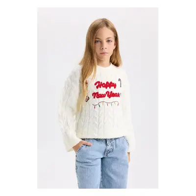 DEFACTO Girl Ecru Oversize Wide Pattern Crew Neck Christmas Themed Knitwear Sweater