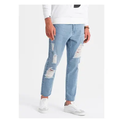 Ombre Men's TAPERED FIT denim pants with holes - light blue