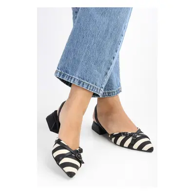 Shoeberry Women Ciao Black Linen Striped Buckled Ballerinas