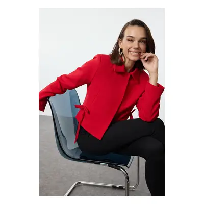 Trendyol Red Bow/Ribbon Detail Shirt Collar Crop Woven Blazer Jacket