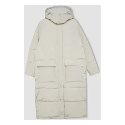 DEFACTO Water Repellent Long Puffer Jacket Parka Oversize Wide Pattern Hooded Zippered Pocket