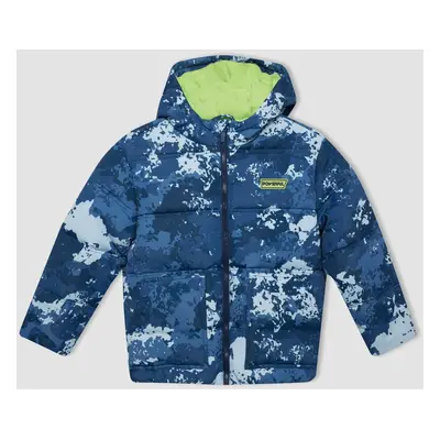 DEFACTO Boy's Water Repellent Hooded Patterned Zippered Pocket Fleece Lined Puffer Jacket