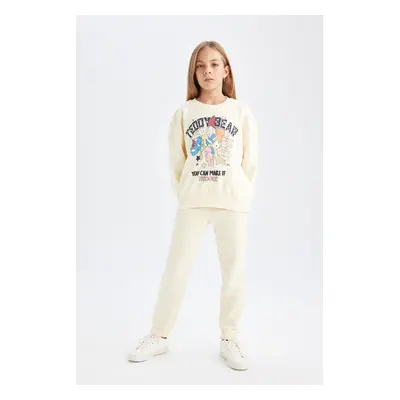 DEFACTO Girl 2-Piece Set Printed Crew Neck Thick Sweatshirt Elastic Waist Jogger Tracksuit Botto