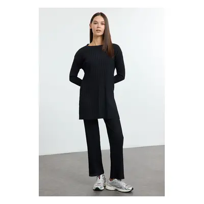 Trendyol Black Slit Blouse Palazzo Bottom Ribbed Stretchy Knitted Bottom-Top Suit