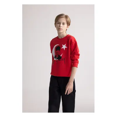 DEFACTO Boy's Crew Neck Atatürk Printed Red Sweatshirt