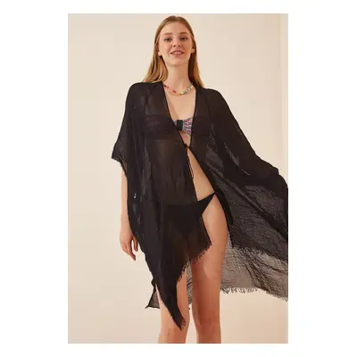 Happiness İstanbul Women's Black Tied Cotton Kimono