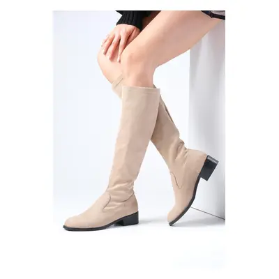 Mio Gusto Brooklyn Beige Color Suede Women's Below Knee Stretch Boots