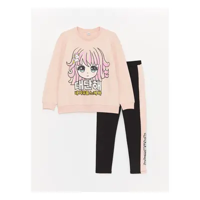 LC Waikiki Girls' Crew Neck Long Sleeve Printed Sweatshirt and Leggings Trousers