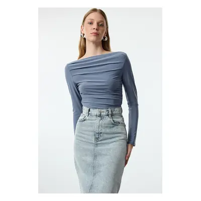 Trendyol Indigo Boat Neck Draped Fitted Stretchy Knitted Blouse