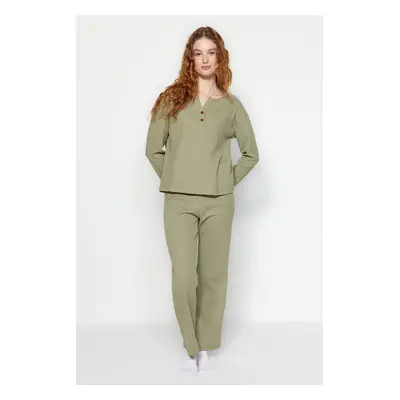 Trendyol Green Waffle Tshirt-Pants Knitted Pajama Set