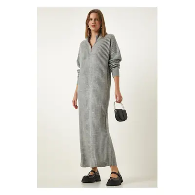 Happiness İstanbul Women's Gray Ribbed Oversize Knitwear Dress