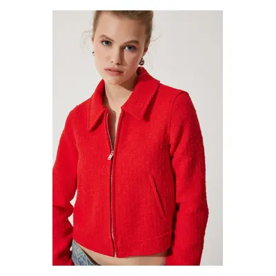 Happiness İstanbul Women's Red Zippered Shirt Collar Tweed Jacket