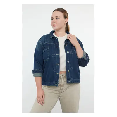 Trendyol Curve Dark Blue Heart Detailed Plus Size Denim Jacket