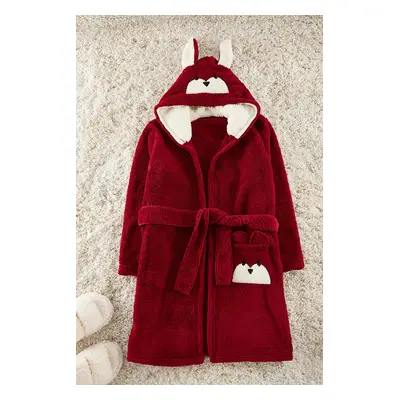 Trendyol Burgundy Belted Animal Figure Pocketed Wellsoft Winter Knitted Dressing Gown