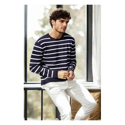 99741 Dewberry Crew Neck Striped Casual Knitwear Sweater-NAVY BLUE