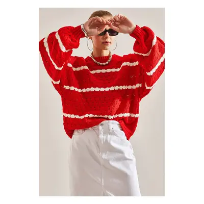 Bianco Lucci Women's Striped Balloon Sleeve Honeycomb Knitted Sweater