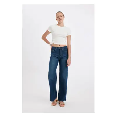 DEFACTO Straight Wide High Waist Long Jean Washed Trousers