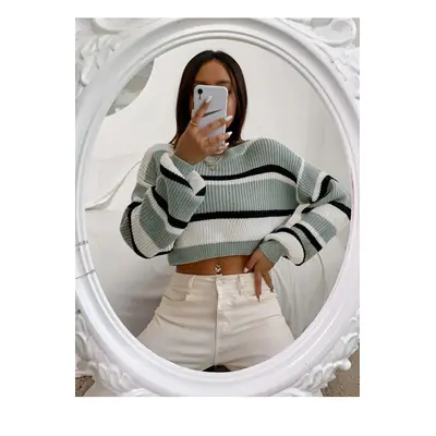 49425 Dewberry Striped Knit Crop Women Sweater-LIGHT GREEN