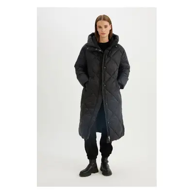 DEFACTO Water Repellent Hooded Long Coat Parka Quilted Zipper Snap Closure Pocket