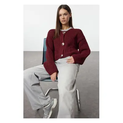 Trendyol Claret Red Button Detailed Textured Knitwear Cardigan