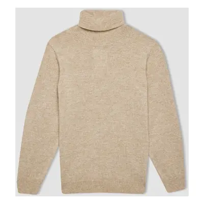 DEFACTO Boy's Beige Turtleneck Basic Plain Knitwear Sweater