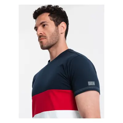 Ombre Men's tricolor T-shirt with wide stripes - navy