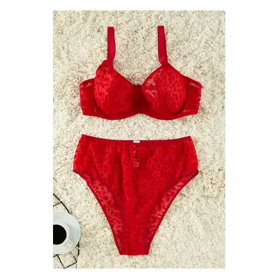 Trendyol Curve Red Velvet Leopard Print High Waist Plus Size Lingerie Sets