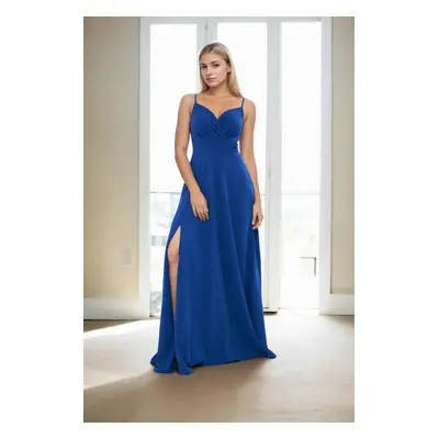 74886 Dewberry Rope Strap Slit Evening & Graduation Dress-BLUE