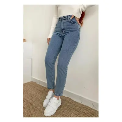 14924 Dewberry Mom Jeans High Waist Detail Boyfriend Jeans-DARK BLUE