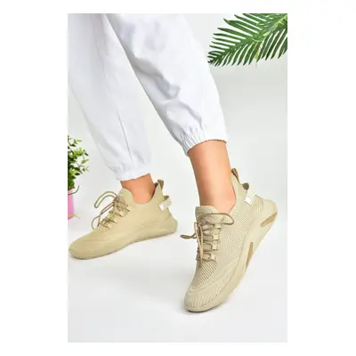 Fox Shoes Beige Knitwear Fabric Women's Sports Shoes