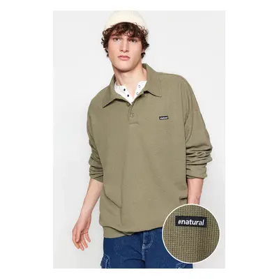 Trendyol Light Khaki Men's Oversize/Wide Cut Labeled Textured Cotton Polo Neck Sweatshirt