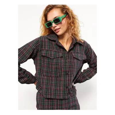 LC Waikiki Front Button Closure Plaid Long Sleeve Women's Tweed Shirt Jacket