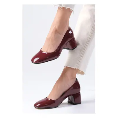 Mio Gusto Jade Burgundy Color Patent Leather Block Heel Round Toe Women's Heeled Mary Jane Shoes