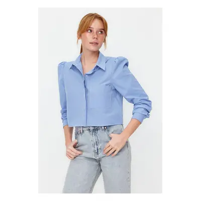 Trendyol Light Blue Shoulder Detailed Crop Fitted Waist-Catted Patterned Woven Shirt