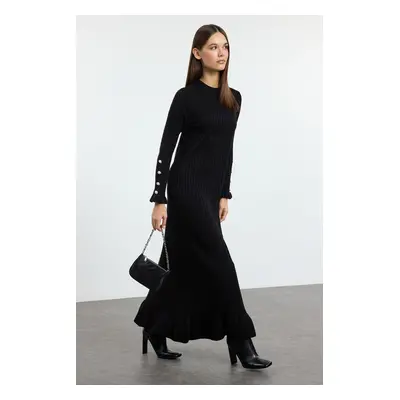 Trendyol Black Frilled Rib Knit Dress