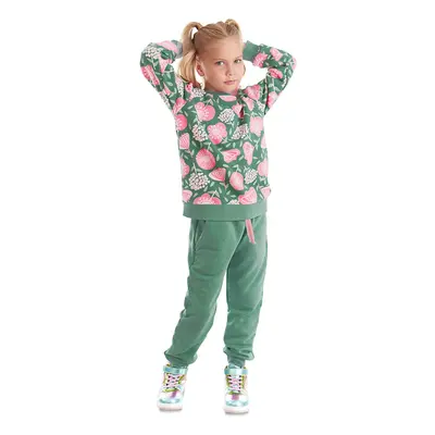 Denokids Pink Floral Girl's Green Winter Tracksuit