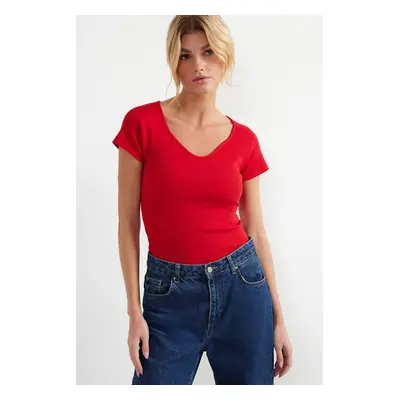 Trendyol Red Fitted Cotton Stretch Knitted Blouse