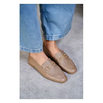 NİŞANTAŞI SHOES Salvar Dark Beige Genuine Leather Accessory Detail Flat Sole Women's Ballerinas