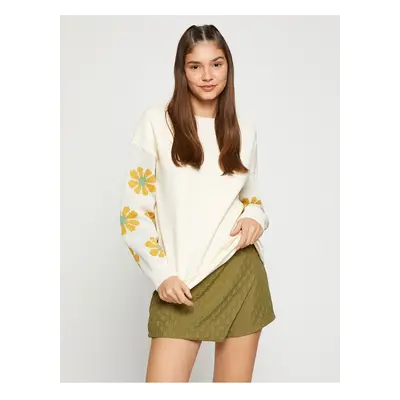 Koton Crew Neck Sweatshirt Sleeves Floral Knit Detail Fleece Inside