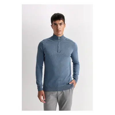 DEFACTO Blue Standard Fit Regular Cut Half Turtleneck Half Zipper Knitwear Sweater