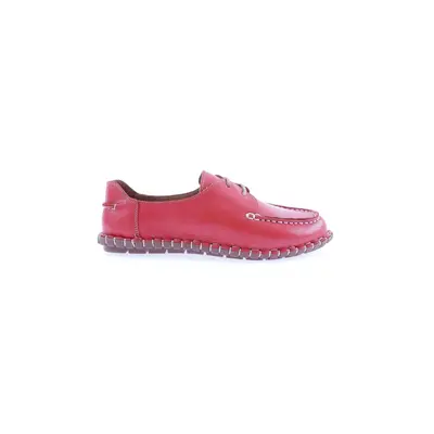 DGN 601-23y Women's Sewing Detailed Front Lace Up Loafer Shoes Red Genuine Leather