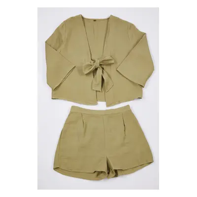 Trendyol Khaki 100% Cotton Tie/Ribbon/Bow Detailed Muslin Woven Pajama Set