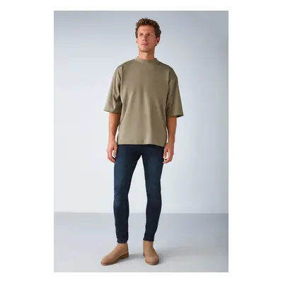 GRIMELANGE Ascolı Men's Oversize Fit Special Thick Textured Fabric High Collar Khaki T-shirt