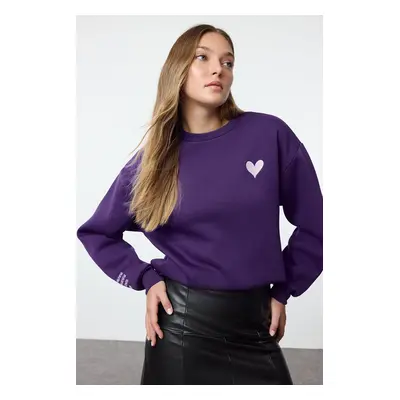 Trendyol Purple Embroidered Regular/Normal Fit Thick Inside Fleece Knitted Sweatshirt