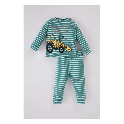 DEFACTO Baby Boy Pajama Set Vehicle Printed Striped Crew Neck Long Sleeve Top Long Bottom