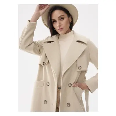 Beige double-breasted coat with Blue Shadow belt