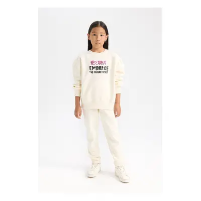 DEFACTO Girls 2-Piece Set Thick Fabric Printed Sweatshirt Top Elastic Waist Jogger Tracksuit Bot